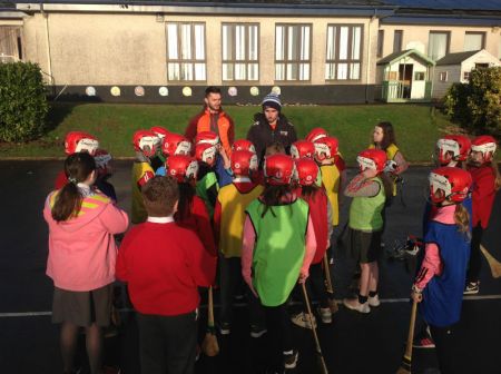 Tyrone County Hurler -Josh Ferguson and our coach and former county player Dominic Rushe talking to our keen hurlers.